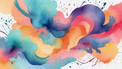 The primary subject of the image is a colorful, abstract painting featuring a mix of blue, orange, and purple hues. The painting is displayed on a white surface, which contrasts with the vibrant colors of the artwork. The visual style of the painting is a combination of digital art and illustration, creating a unique and eye-catching piece of art. The dominant colors and overall atmosphere of the painting evoke a sense of creativity and artistic expression.