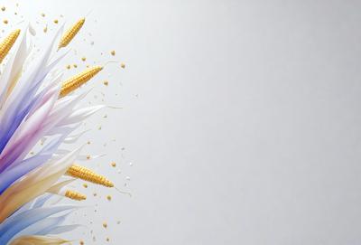 The primary subject of the image is a close-up of a corn plant with yellow kernels. The setting is a white wall, and the visual style is a digital art or illustration. The dominant colors are yellow and white, creating a warm and natural atmosphere.