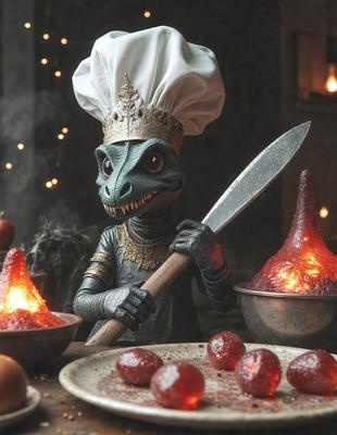 The primary subject of the image is a small toy dinosaur, possibly a T-Rex, wearing a chef's hat and holding a knife. The setting is a kitchen, with a dining table visible in the background. The visual style appears to be a digital art or illustration, creating a whimsical and playful atmosphere. The colors are predominantly dark, with the toy dinosaur being the main focus, and the overall mood is light-hearted and fun.
