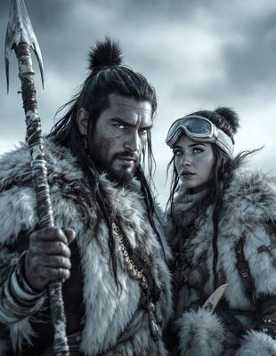 The primary subject of the image is a man and a woman standing together, with the man holding a weapon. They are dressed in furs, which suggests a cold or wintery environment. The setting appears to be a snowy landscape, with the couple standing in front of a cloudy sky. The visual style of the image is a photo, capturing the couple in their natural surroundings. The colors in the image are predominantly white and gray, with the furs adding a touch of warmth to the scene. The overall
