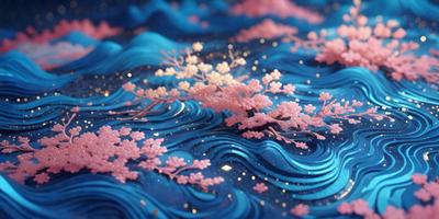The primary subject of the image is a beautifully painted blue ocean with a tree branch and flowers floating on the surface. The setting is a blue background, and the visual style appears to be a combination of digital art and illustration. The colors and mood of the image are serene and calming, with the blue ocean and the floating tree branch and flowers creating a sense of tranquility.