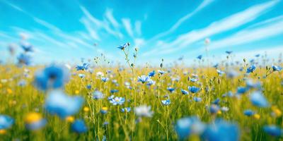 The primary subject of the image is a field of flowers, predominantly blue and white, with some yellow flowers mixed in. The setting is a lush green field, and the visual style is a natural, outdoor scene. The colors and mood of the image are serene and peaceful, with the blue flowers creating a calming atmosphere.
