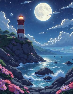 Primary subject: Lighthouse
Setting/background: Ocean, mountains, and clouds
Visual style: Digital art
Colors and mood: Blue, white, and purple