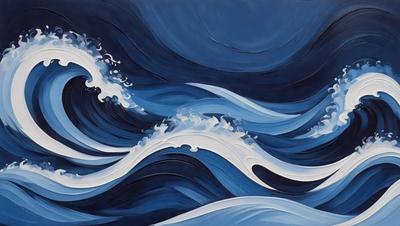 The primary subject of the image is a large wave in the ocean. The wave is blue and white, and it appears to be crashing onto the ocean floor. The setting is the ocean, with the wave being the main focus of the image. The visual style is a painting, which gives the scene a more artistic and dynamic appearance. The dominant colors are blue and white, creating a sense of depth and movement in the image.