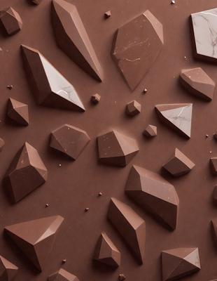 The primary subject of the image is a chocolate-covered cake with a marbled texture. The cake is decorated with small chocolate diamonds, giving it a fancy and sophisticated appearance. The setting is a table, and the visual style is a close-up of the cake, showcasing its intricate details. The colors and mood of the image are predominantly brown and rich, evoking a sense of indulgence and luxury.