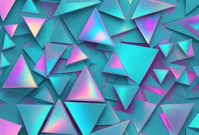The primary subject of the image is a large, colorful, and intricate pattern of triangles. The pattern is made up of various shapes and sizes of triangles, creating a visually striking and vibrant display. The setting or background of the image is a blue surface, which complements the colors of the triangles and adds to the overall aesthetic. The visual style of the image is a combination of digital art and illustration, showcasing the artist's skill in creating a complex and visually appealing