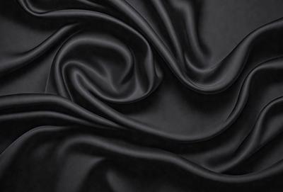 The primary subject of the image is a close-up of a black fabric, possibly a piece of clothing or a curtain. The setting is a dark background, which emphasizes the fabric's texture and pattern. The visual style appears to be a photo, as it captures the details of the fabric. The colors and mood of the image are predominantly dark, with the black fabric being the main focus.