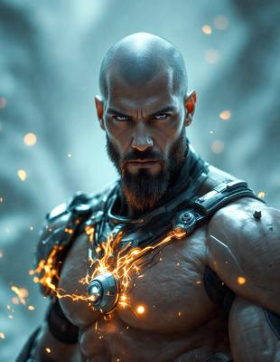 The primary subject of the image is a man with a bald head, wearing a suit and a necklace. He is standing in front of a backdrop of a flaming wall, which adds a dramatic and intense atmosphere to the scene. The visual style of the image is a digital art or illustration, as it appears to be a well-crafted and detailed portrait of the man. The colors in the image are predominantly dark, with the flames on the wall providing a contrasting element of brightness and warm