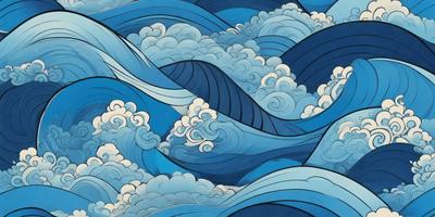 The primary subject of the image is a painting of a wave, featuring a blue ocean with white clouds. The setting is a cloudy sky, and the visual style is an artistic illustration. The dominant colors are blue and white, creating a serene and calming atmosphere.