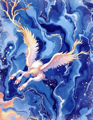 The primary subject of the image is a white bird with golden wings, flying through a blue and purple sky. The bird is the main focus of the image, and it appears to be soaring through the air. The setting is a vibrant and colorful sky, with the bird flying above a swirling pattern of blue and purple hues. The visual style of the image is a combination of digital art and illustration, creating a dynamic and lively atmosphere. The colors and mood of the image are energetic