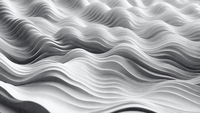 The primary subject of the image is a large, white, and textured surface, which appears to be a wall or a piece of art. The setting is a room with a white background, and the visual style is a combination of photo and digital art. The dominant colors are white and gray, creating a clean and minimalist atmosphere.