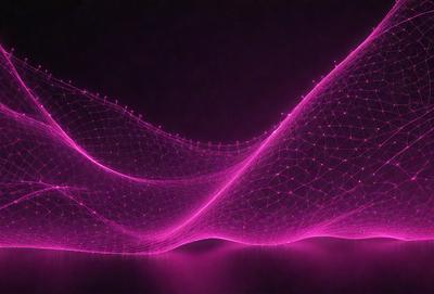 The primary subject of the image is a pink, purple, and white geometric pattern. The pattern is displayed on a dark background, creating a striking contrast. The visual style of the image is a combination of digital art and illustration, with the geometric pattern resembling a futuristic design. The colors and mood of the image are predominantly pink and purple, giving it a vibrant and lively atmosphere.