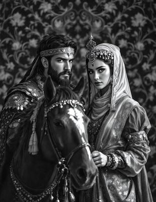 The primary subject of the image is a man and a woman, both dressed in royal attire, standing next to each other. They are posing for a picture, with the woman standing close to the man. The setting is a room with a horse in the background, adding a sense of grandeur to the scene. The visual style is a black and white photo, which gives the image a classic and timeless feel. The colors and mood are predominantly dark, with the black and white tones creating a dramatic and elegant