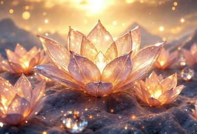 The primary subject of the image is a beautifully lit, glowing flower, possibly a lotus, sitting on a rocky surface. The setting appears to be a natural environment, with the flower being the main focus of the scene. The visual style of the image is a combination of photo and digital art, creating a unique and captivating display. The colors and mood of the image are predominantly warm and serene, with the glowing flower adding a sense of tranquility and beauty to the scene.