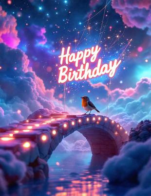 The primary subject of the image is a bird perched on a bridge. The setting is a cloudy sky, and the visual style is digital art. The colors and mood of the image are predominantly purple and blue, creating a serene and dreamy atmosphere.