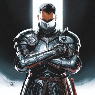 The primary subject of the image is a man wearing a metal suit, possibly a knight's armor. He is standing in a dark room, possibly a dungeon, with a sword in his hand. The setting is a dimly lit environment, and the visual style appears to be a combination of digital art and illustration. The colors in the image are predominantly dark, with some silver and black tones, creating a moody and dramatic atmosphere.