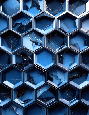 The primary subject of the image is a blue and black patterned wall. The setting is a room with a blue and black tiled wall. The visual style is a digital art or illustration, creating a unique and intricate design. The dominant colors are blue and black, giving the wall a modern and sophisticated appearance.