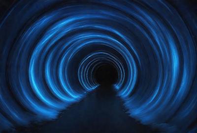 The primary subject of the image is a tunnel with a blue light illuminating it. The setting is a dark, enclosed space, and the visual style appears to be a digital art or illustration. The dominant colors are blue and black, creating a moody atmosphere.