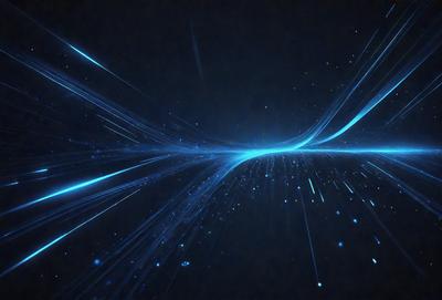 The primary subject of the image is a blue light streak or a blue line, which appears to be a digital art or illustration. The setting is a dark background, and the visual style suggests that the image is a digital creation. The colors and mood of the image are predominantly blue, creating a sense of depth and a futuristic atmosphere.
