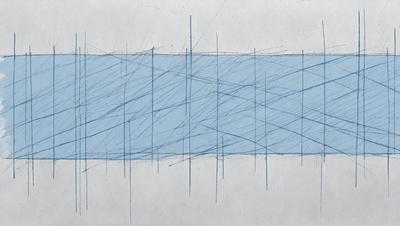 The primary subject of the image is a blue line drawing, which appears to be a blue line on a white background. The setting is a white surface, and the visual style is a line drawing. The colors and mood of the image are predominantly blue, creating a calm and serene atmosphere.