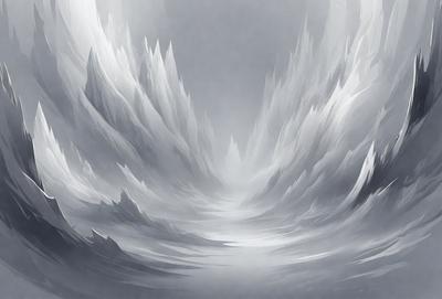 The primary subject of the image is a large, white, and rocky mountain. The setting is a snowy, mountainous landscape, with the mountain taking up a significant portion of the scene. The visual style is a digital art or illustration, with the mountain and its surroundings depicted in a detailed and realistic manner. The colors and mood of the image are predominantly white and cold, with the mountain and snow creating a sense of vastness and serenity.