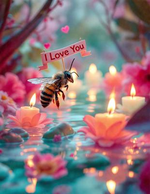 The primary subject of the image is a bee hovering over a pink flower. The setting is a pond with lit candles, creating a serene and romantic atmosphere. The visual style is a combination of photo and digital art, with the bee and flower appearing realistic while the candles are digitally rendered. The colors and mood are predominantly pink, which adds to the overall warm and inviting ambiance of the scene.
