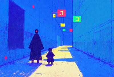 The primary subject of the image is a woman and a child walking down a hallway. The setting is a hallway with a blue color scheme, and the visual style is a combination of a photo and a drawing. The colors and mood of the image are predominantly blue, creating a calm and serene atmosphere.
