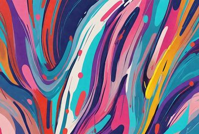 The primary subject of the image is a colorful, abstract painting featuring a mix of blue, pink, yellow, and orange colors. The painting is displayed on a wall, creating a vibrant and lively atmosphere. The visual style of the painting suggests that it is a digital art or illustration, rather than a photo or traditional painting. The colors and mood of the painting evoke a sense of energy and creativity, making it an eye-catching and engaging piece of art.