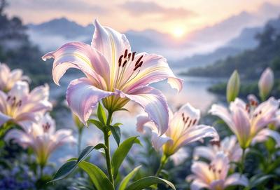 Primary subject: A beautiful white flower with pink petals, surrounded by other flowers.

Setting/background: The flower is located in a field near a body of water, with mountains in the background.

Visual style: The image is a photo of the flower in its natural environment.

Colors and mood: The dominant colors are white and pink, creating a serene and peaceful atmosphere.