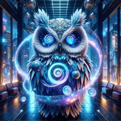 Primary subject: An owl with blue eyes and a purple spiral.

Setting/background: The owl is in a futuristic city setting, surrounded by a purple spiral and a blue sky.

Visual style: The image is a digital artwork, featuring a futuristic cityscape.

Colors and mood: The dominant colors are purple and blue, creating a futuristic and whimsical atmosphere.