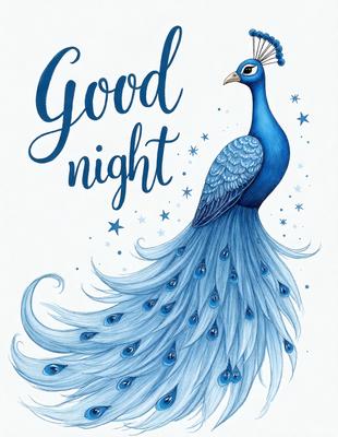 The primary subject of the image is a blue peacock with a long tail. The setting is a nighttime scene, with the peacock standing on a starry background. The visual style is a watercolor illustration, giving the image a vibrant and artistic appearance. The dominant colors are blue and white, with the peacock's tail being white and blue. The overall atmosphere is serene and peaceful, as the peacock stands calmly in the night sky.