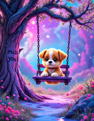 The primary subject of the image is a small dog sitting on a swing. The setting is a purple forest with a tree nearby. The visual style is a digital art illustration, creating a whimsical and playful atmosphere. The dominant colors are purple and pink, which contribute to the overall mood of the scene.