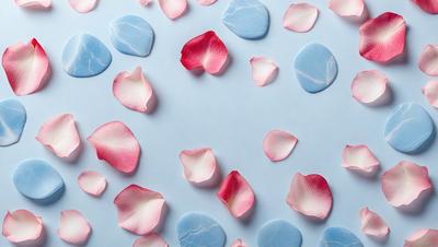 The primary subject of the image is a collection of pink and white flowers, which are scattered across a blue surface. The setting appears to be a table or a countertop, with the flowers placed on top of it. The visual style of the image is a close-up of the flowers, showcasing their delicate petals and intricate details. The colors and mood of the image are predominantly pink and white, creating a sense of elegance and beauty.