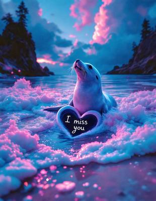 The primary subject of the image is a seal, which is sitting in the water and appears to be looking at the camera. The seal is surrounded by a beautiful, pink and blue ocean, creating a serene and calming atmosphere. The visual style of the image is a digital art or illustration, with the seal and ocean depicted in a vibrant and detailed manner. The colors and mood of the image are predominantly pink and blue, giving it a warm and inviting feel.