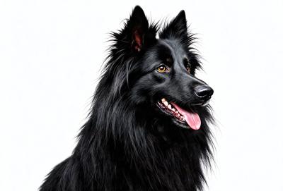 The primary subject of the image is a black dog with a panting tongue. The dog is standing in front of a white background, which creates a contrast between the dog and the background. The visual style of the image is a close-up of the dog's face, showcasing its features and expression. The dominant colors in the image are black and white, with the black dog standing out against the white background. The overall atmosphere of the image is one of focus and attention to detail, as the viewer is drawn to the