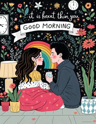 The image features a man and a woman sitting together, with the woman holding a cup. They are surrounded by various potted plants, creating a cozy and relaxed atmosphere. The scene is set in a room with a clock on the wall, and a vase can be seen nearby. The visual style of the image is a combination of digital art and illustration, giving it a unique and artistic appearance. The colors and mood of the image are warm and inviting, with the presence of the plants and the couple's close