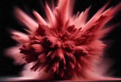 The primary subject of the image is a large, red, pink, and white explosion. The setting is a dark background, which contrasts with the bright colors of the explosion. The visual style appears to be a combination of a photo and digital art, creating a dynamic and dramatic scene. The colors and mood of the image are energetic and intense, with the red and white colors representing the explosion and the pink and white colors adding a sense of depth and contrast.