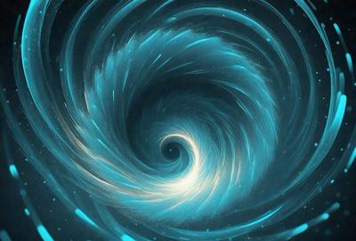 The primary subject of the image is a spiral or vortex, which is a blue swirl or whirlpool. The setting is a dark background, which contrasts with the bright blue color of the spiral. The visual style appears to be a digital art or illustration, as the spiral is depicted in a detailed and intricate manner. The colors and mood of the image are predominantly blue, creating a sense of depth and movement.