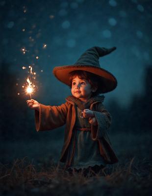 The primary subject of the image is a young child wearing a wizard's hat and holding a sparkler. The child is standing in a field, which serves as the setting for the scene. The visual style of the image is a photo, capturing the child's playful moment. The colors in the image are predominantly dark, with the sparkler providing a touch of brightness. The overall atmosphere of the image is one of innocence and wonder.