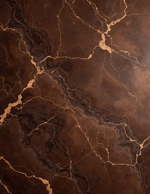 The primary subject of the image is a close-up of a marble wall with a gold-colored pattern. The setting is a room with a brown marble floor. The visual style is a photo of the marble wall, showcasing its intricate design. The colors and mood of the image are warm and elegant, with the gold pattern and brown marble creating a luxurious and sophisticated atmosphere.