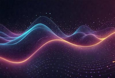 The primary subject of the image is a series of colorful, curved lines that resemble a wave or a mountain range. The setting is a dark background, which contrasts with the vibrant colors of the lines. The visual style appears to be a digital art or illustration, as the lines are smooth and well-defined. The dominant colors are purple, blue, and orange, creating a lively and energetic atmosphere.