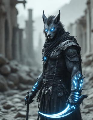 The primary subject of the image is a character, possibly a wolf or a person with wolf-like features, wearing a black and blue outfit. The setting is a rocky, stone-covered area, with a stone wall visible in the background. The visual style appears to be a combination of photo and digital art, creating a unique and intriguing atmosphere. The colors in the image are predominantly black, blue, and grey, giving the scene a dark and mysterious mood.