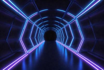 The primary subject of the image is a long, narrow, and brightly lit tunnel. The tunnel is illuminated by a blue light, giving it a futuristic and surreal appearance. The setting is a dark, enclosed space, and the visual style is a combination of a photo and digital art. The colors and mood of the image are predominantly blue, creating a sense of depth and mystery.