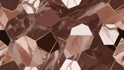 The primary subject of the image is a marble surface with a pattern of squares and triangles. The setting is a room with a marble floor, and the visual style is a combination of photo and digital art. The dominant colors are brown and white, creating a warm and elegant atmosphere.