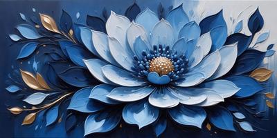 The primary subject of the image is a large, blue flower with a yellow center. The flower is the focal point of the scene, and it is set against a blue background. The visual style of the image is a painting, which gives it a more artistic and detailed appearance. The dominant colors in the image are blue and yellow, creating a calm and serene atmosphere.