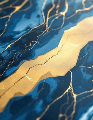 The primary subject of the image is a gold and blue patterned surface, which appears to be a piece of art or a decorative item. The setting is a blue and gold background, which complements the patterned surface. The visual style of the image is a combination of digital art and illustration, creating a unique and eye-catching design. The colors and mood of the image are predominantly gold and blue, giving it a warm and inviting atmosphere.