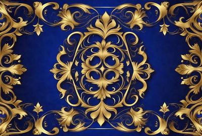 The primary subject of the image is a gold and blue decorative design, which appears to be a pattern or a piece of artwork. The setting is a blue background, which complements the gold and blue colors of the design. The visual style of the image is a combination of digital art and illustration, as it features intricate details and a well-defined composition. The colors and mood of the image are predominantly gold and blue, creating a sense of elegance and sophistication.