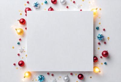 The primary subject of the image is a white square, which is placed on a table with a Christmas-themed background. The setting includes a variety of Christmas ornaments, such as stars and other decorations, creating a festive atmosphere. The visual style of the image is a combination of photo and digital art, as it features a white square with ornaments surrounding it. The colors and mood of the image are predominantly white and festive, with the ornaments adding a touch of color and joy to the scene.