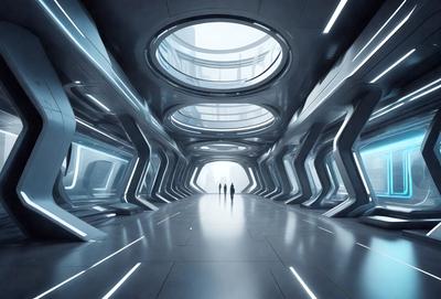 The primary subject of the image is a group of three people walking down a long, narrow hallway. The hallway is illuminated by a series of lights, creating a futuristic atmosphere. The setting appears to be a large, open space with a circular design, possibly a part of a building or an art installation. The visual style of the image is a combination of digital art and illustration, giving it a unique and intriguing appearance. The colors and mood of the image are predominantly blue and white, with