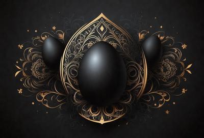 The primary subject of the image is a decorative design featuring two black eggs. The setting is a black background, and the visual style appears to be a digital art or illustration. The dominant colors are black and gold, creating a sophisticated and elegant atmosphere.